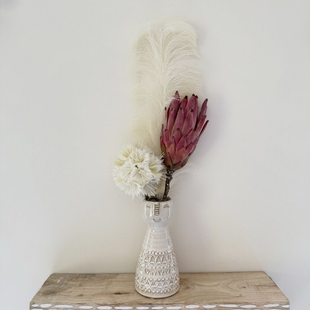 Handmade Faux Floral Island Lady Tall Arrangement Protea, Ball Flower, Feather